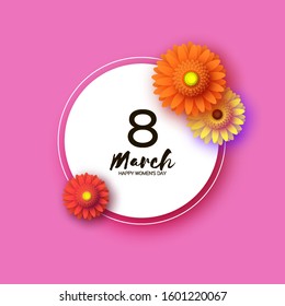 Beautiful Gerbera Flowers. Origami layered Floral bouquet. Happy Womens Day, Mothers Day or Birthday. 8 March. Spring. Paper cut style. Yellow,orange,red floral blossom. Circle frame for Text on pink.