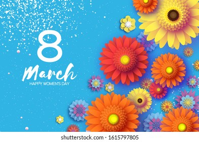 Beautiful Gerbera Flowers. Origami layered Floral bouquet. Happy Womens Day, Mothers Day or Birthday. 8 March. Spring. Paper cut style. Yellow,orange,red floral blossom. Text on blue. Vector