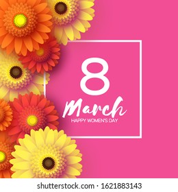 Beautiful Gerbera Flowers. Origami layered Floral bouquet. Happy Womens Day, Mothers Day or Birthday. 8 March. Spring. Paper cut style. Yellow,orange,red floral blossom. Text on pink. Vector