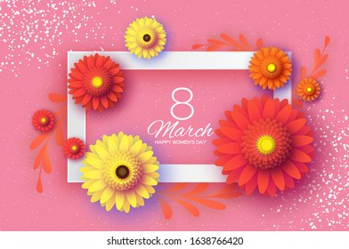 Beautiful Gerbera Flowers. Origami layered Floral bouquet. Happy Womens Day, Mothers Day or Birthday. 8 March. Spring. Paper cut style. Yellow,orange,red floral blossom. Rectangle frame on pink