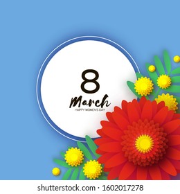 Beautiful Gerbera Flowers. Yellow Mimosa. Silver wattle branches with leaves. Origami layered Floral bouquet. Happy Womens Day, Mothers Day or Birthday. 8 March. Spring. Circle frame. Paper cut style.