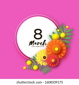 Beautiful Gerbera Flowers. Yellow Mimosa. Silver wattle branches with leaves. Origami layered Floral bouquet. Happy Womens Day, Mothers Day or Birthday. 8 March. Spring. Circle frame. Paper cut style.