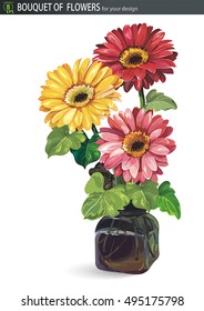 Beautiful gerbera in vase isolated on white background