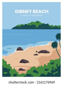 Beautiful Gibney beach on St John, virgin islands poster. vector illustration landscape. Travel to virgin islands.