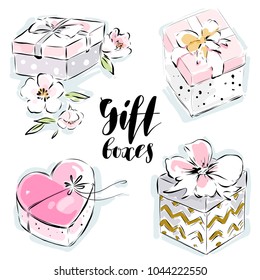 Beautiful gift box isolated vector set collection drawn in watercolor style for fashion design of greeting card, holiday invitation, celebration banner.