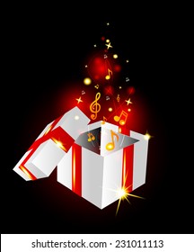 Beautiful gift box with musical notes on a glowing background
