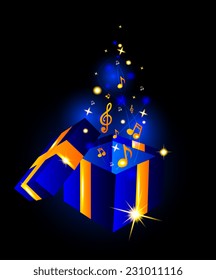 Beautiful gift box with musical notes on a glowing background