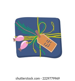 Beautiful gift box packaged with ecological decor. Winter holiday present. Flat style single vector illustration isolated on white.
