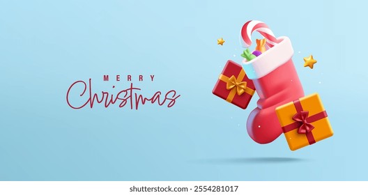 Beautiful gift boxes with ribbon and bows, red Christmas sock with sweets, stars, snow, 3D. Modern banner for Christmas, and New Year greeting concepts. Vector illustration.