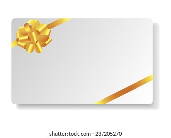 Beautiful gift card with gold bow and ribbons. Vector illustration