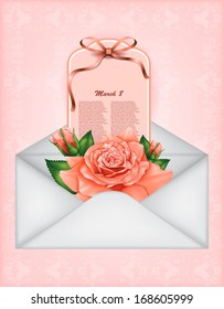 beautiful gift card with pastel rose and gift bows, may be used as a Woman's Day congratulation