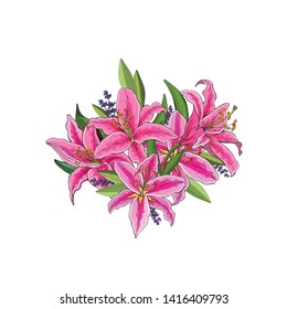 Beautiful gift card with pink Hand drawn lilies. Vector bouquet. Adornment for wedding invitations and greeting card.