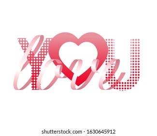 Beautiful gift card with pink ribbon heart love on white background.
Heart shape. Festive decoration element. The inscription love you.
 Vector illustration.
