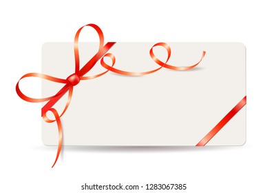 Beautiful gift card with red bow and ribbon. Template design for valentine's day card, wedding, invitation, sale banner, coupon or certificate. Place for text
