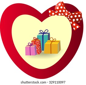 Beautiful gift card with red gift bow and heart and gifts