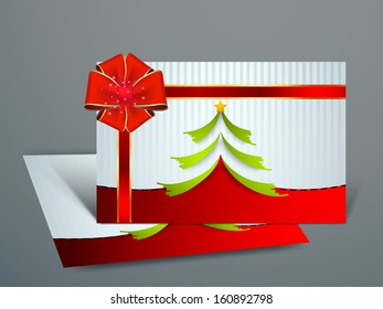 Beautiful Gift Cards for Happy New Year and Merry Christmas celebrations with red ribbon, green Xmas Tree and space for your wishes. 