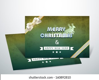 Beautiful Gift Cards for Happy New Year and Merry Christmas celebrations with shiny silhouette of Santa riding his sleigh on grungy green background with ribbon.