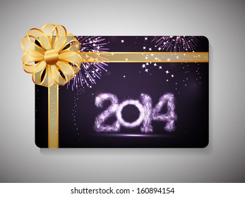 Beautiful Gift Cards for Happy New Year celebrations with shiny text on fireworks background with golden ribbon.  	