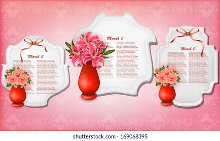 Beautiful gift cards with pink lilies and pastel roses in vases , may be used as a Woman's Day congratulation 