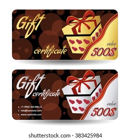 Beautiful Gift certificate. Gold Gift with red ribbon. Cute gift voucher certificate coupon design template, business card loyalty.