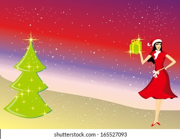 Beautiful gift with a Christmas tree background