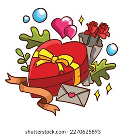 beautiful gift, flower and envelope illustration with heart and ribbon