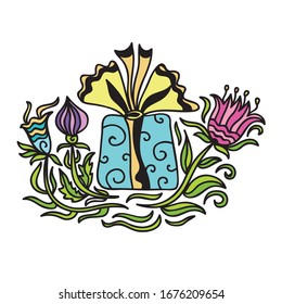 Beautiful gift and flowers. Vector illustration