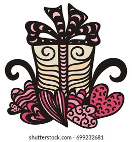 Beautiful gift and hearts. Vector illustration.