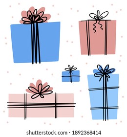 hermoso paquete de regalo Juego de ilustraciones. Simple estilo lindo. Cajas de diferentes tamaños con arcos. Una fiesta universal.