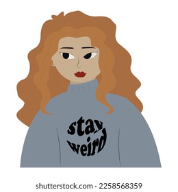 Beautiful ginger girl character. Portrait of a  girl in half-turn. Avatar for social networks. Fashion and beauty. Pastel vector illustration in flat style. Stay weird