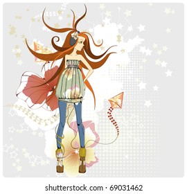 beautiful ginger girl with a kite