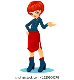 Beautiful ginger girl with red skirt and blue turtleneck sweater