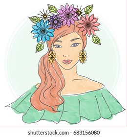 Beautiful ginger girl with wreath in green ruffle dress