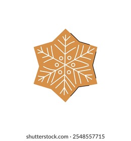 Beautiful gingerbread cookie in snowflake shape with white icing glaze isolated on white background. Hand drawn vector flat colored illustration. Merry christmas traditional sweets, icon, sticker