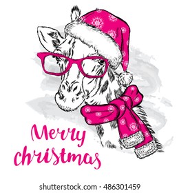 Beautiful giraffe in a Christmas hat and scarf. Vector illustration for greeting card, poster, or print on clothes. Christmas and New Year.