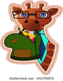 Beautiful giraffe schoolboy in glasses, with knapsack and school supplies, sticker vector