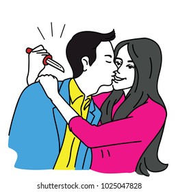 Beautiful girfriend embracing handsome man with smiling, holding a knife aiming to kill or stab him at the back. Vector illustration in concept of lover betrayer, parter, relationship. 