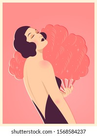 Beautiful girl of the 20s in an evening dress with a vintage fan in art deco style. Flat vector illustration.