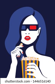 Beautiful girl in 3d glasses eats popcorn and watches a movie. Portrait of a young woman with open mouth. Vector illustration in flat style