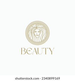 Beautiful girl, abstract woman hair circle badge beauty salon logo, icon, sign, symbol vector linear outline style illustration