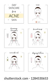 Beautiful girl with acne skin, face day care for acne skin. Line style vector illustration, isolated on white background.
