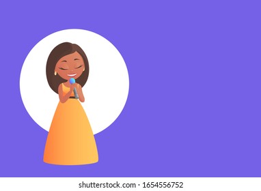 Beautiful girl African American singing with a microphone in her hands. Dressed in a yellow evening dress. Cartoon vector illustration.