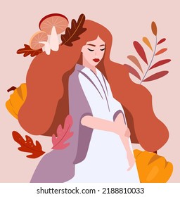 Beautiful girl against the background of autumn ears of leaves, nuts, pumpkins and other autumn paraphernalia. Illustration in the power of fantasy. Redhead woman in a white dress. Represents autumn