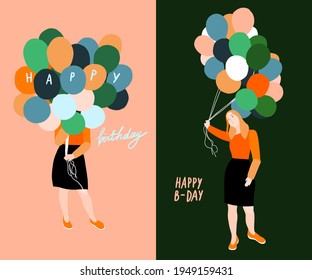 Beautiful girl with air balloons for birthday. Cartoon flat vector illustration. Congratulations on the holiday. Greeting cards. Hand lettering. Green and pink background. Red hair.