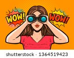 Beautiful girl in amazement looks through binoculars. Vector illustration