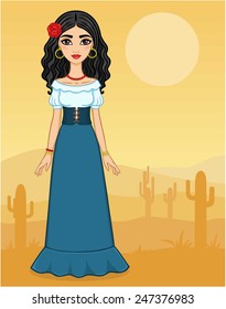 The beautiful girl in ancient clothes on a desert background.