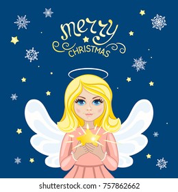 Beautiful girl angel holds in her hands the shining Christmas star. Template for greeting cards, calendars, banners, invitations.