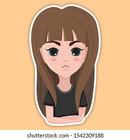 Beautiful girl angry face expression, set of cartoon vector illustrations isolated on yellow background. Cute emotion face icons, facial expressions, sticker design, avatar. Vector flat illustration