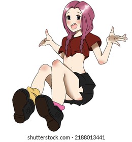 Beautiful girl in anime style sits and spreads her arms to the side