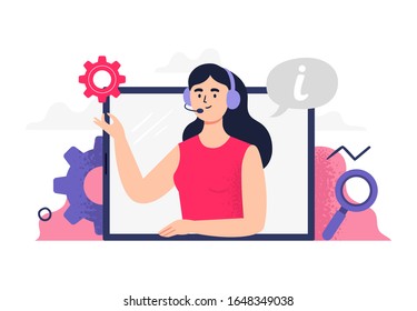 Beautiful girl answers phone calls, chatting with customers and help clients. Flat Vector illustration good for telemarketing, call centers, helpline or customer service.